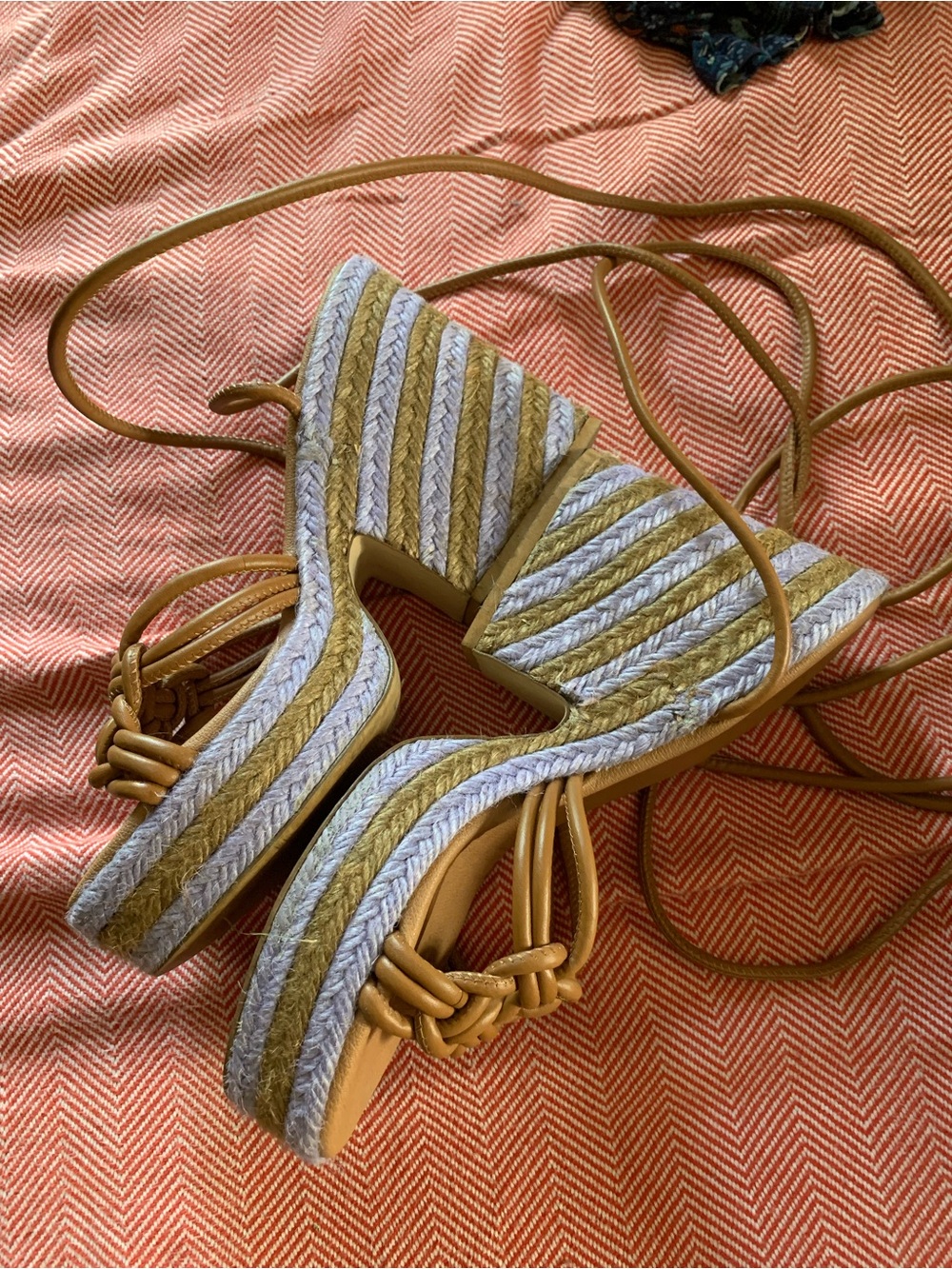 Anthropologie Tan & White Striped Espadrille Platform Sandals